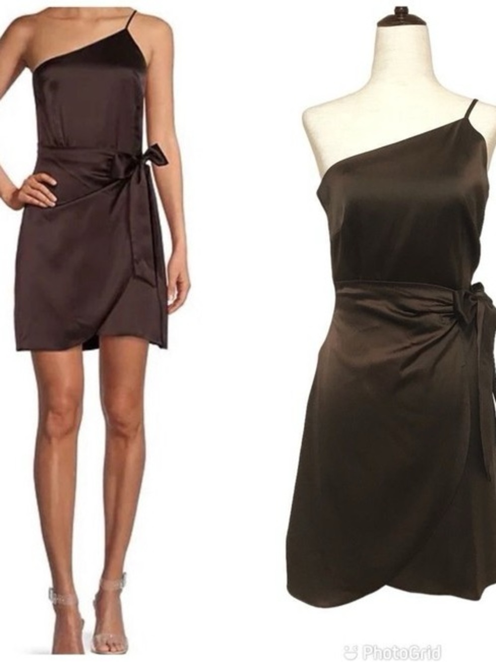 Gianni Bini One-Shoulder Satin Wrap Dress in Dark Brown